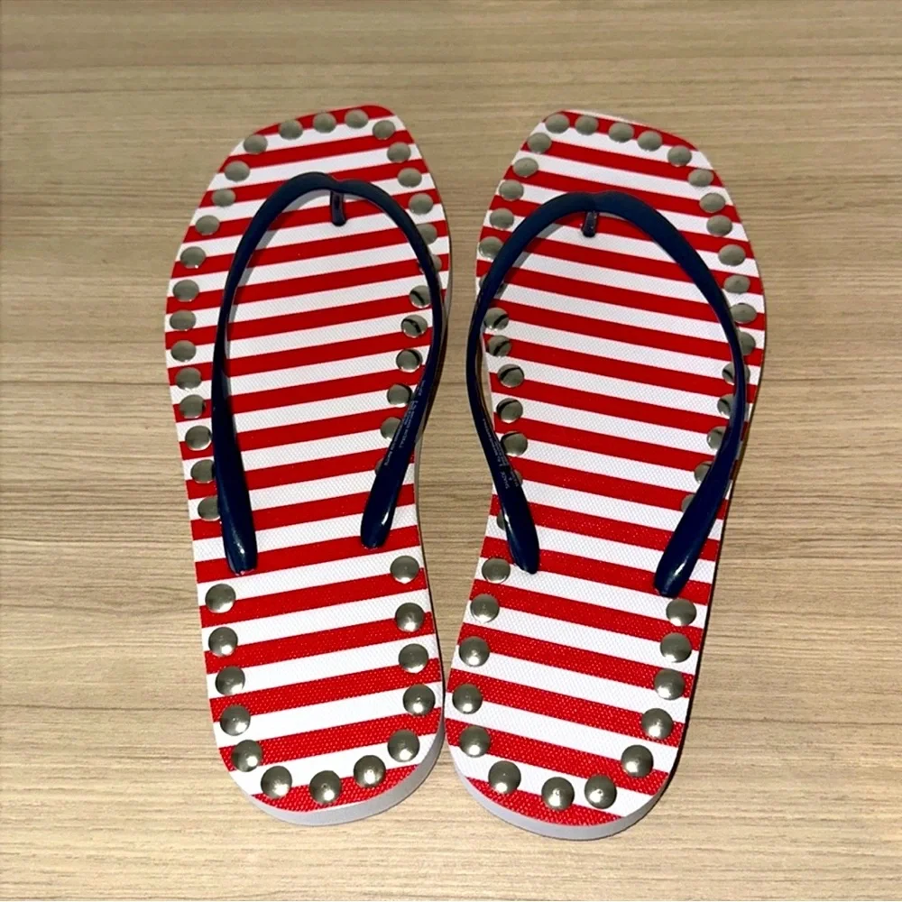 New Hand Made Red and White Striped Flip Flops - Picture 5 of 6